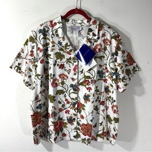 Susan Graver Floral Short Sleeve Button Up Camp Shirt Blouse Vintage NWT
